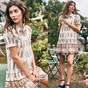 NEW Hunter Bell Drifter Floral Short Puff Sleeve Mini Dress Cream Size: Small